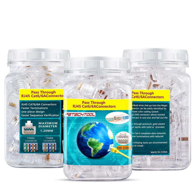 PETECHTOOL RJ45 23AWG Cat6a Cat6 Connector Gold Plated 8P8C Pass Through Ends UTP Network Plug for Unshielded Twisted Pair Solid Wire & Standard Cables | Transparent Passthrough Ethernet Connector (100Packs) - Image 5